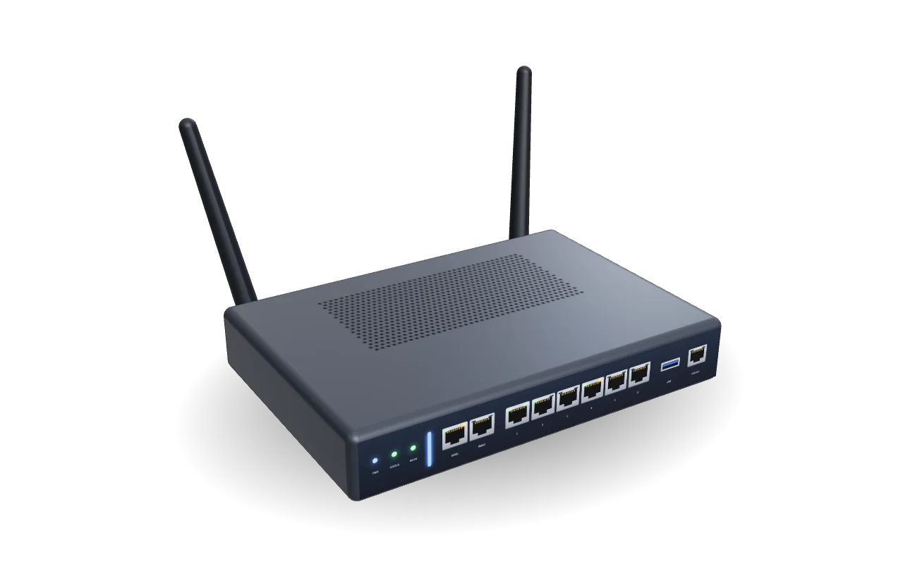 3D-Modell einer kompakten Desktop-Firewall mit acht Netzwerkanschlüssen und zwei WLAN-Antennen