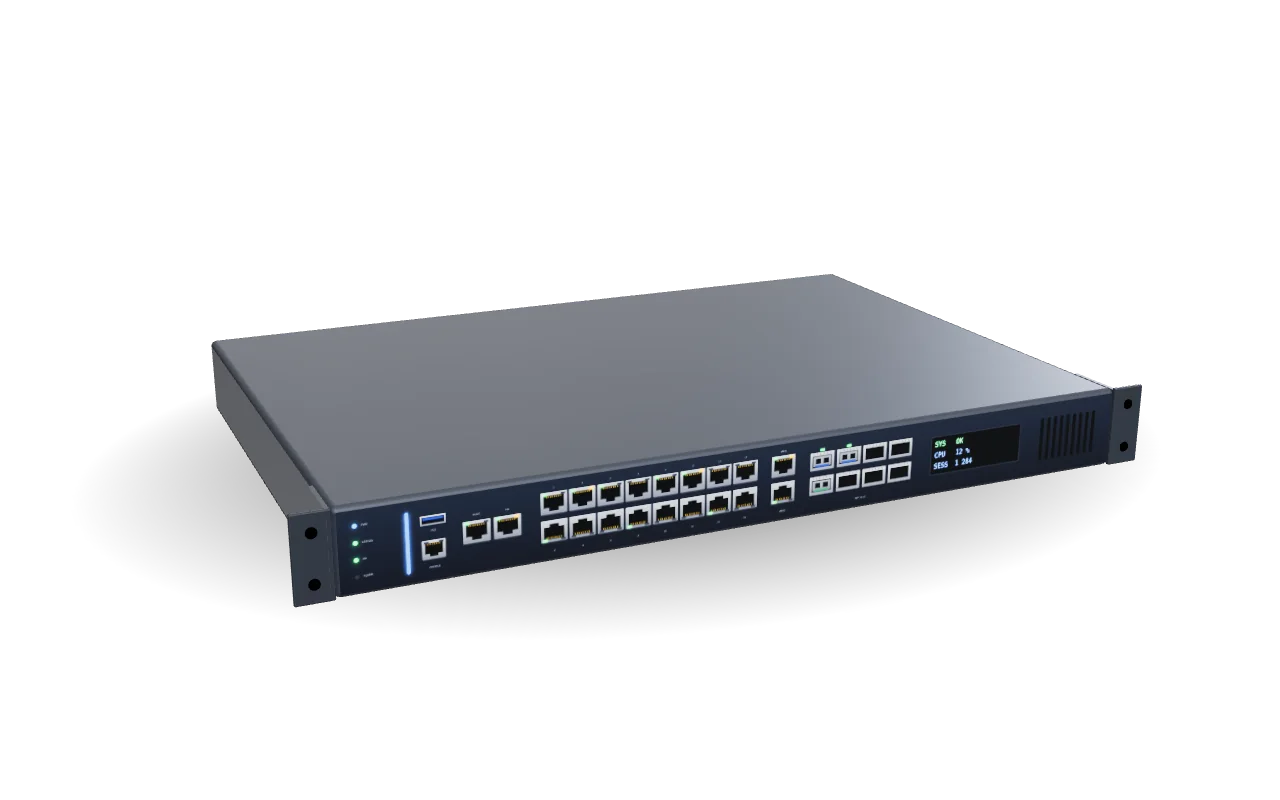 3D-Modell einer 19-Zoll-Rack-Firewall mit einer Höheneinheit, 20 Netzwerk- und 8 Glasfaser-Anschlüssen